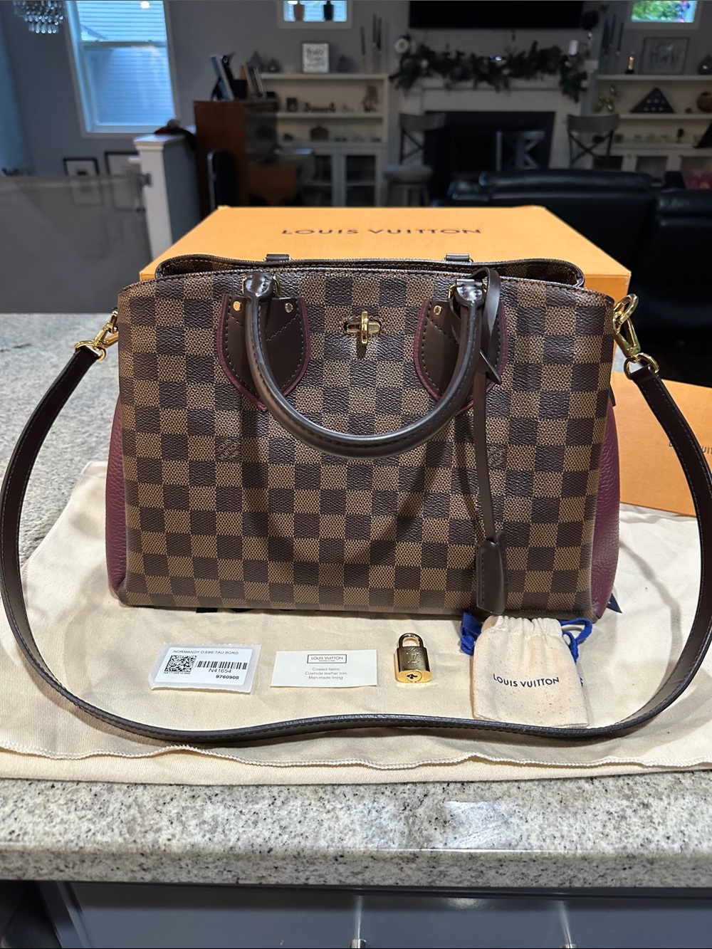 Louis Vuitton Damier Ebene Normandy Satchel with Burgundy Interior